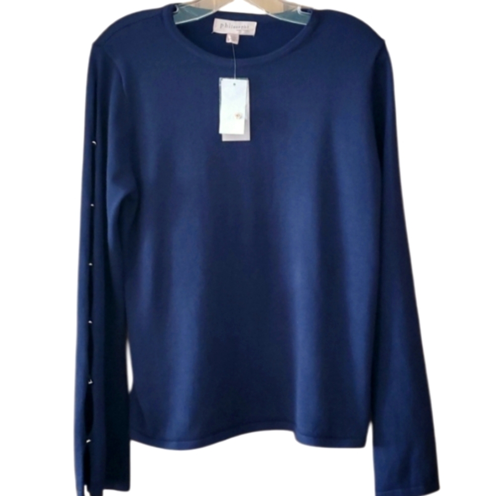 Philosophy NWT‎ Womans Navy Bell Sleeve Button Cutout Lightweight Sweater Large